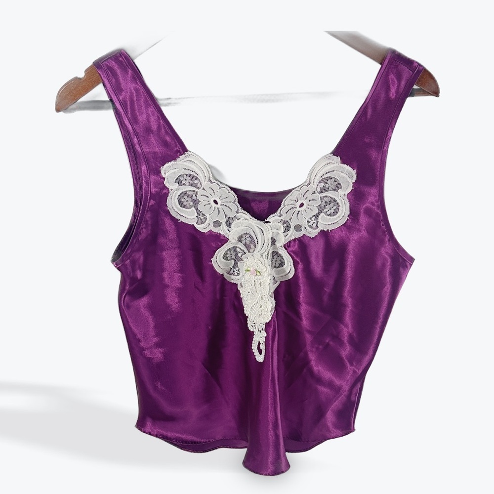 Vintage Purple Satin Tank Top with Lace Detail by California Dynasty Size Medium